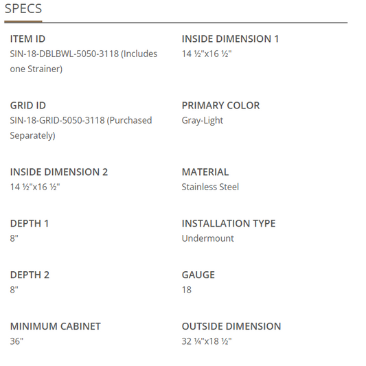 Double Bowl 18 Gauge 50/50 - 3218 Stainless Steel Sink