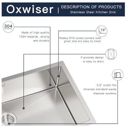 OX-URD30189-US Oxwiser Handmade Stainless Steel Kitchen Sink Kit